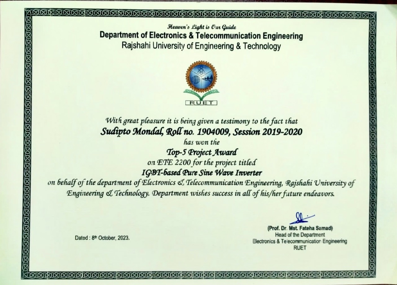 Top 5 Project Award from Dept. of ETE, RUET (Electronics based Project)